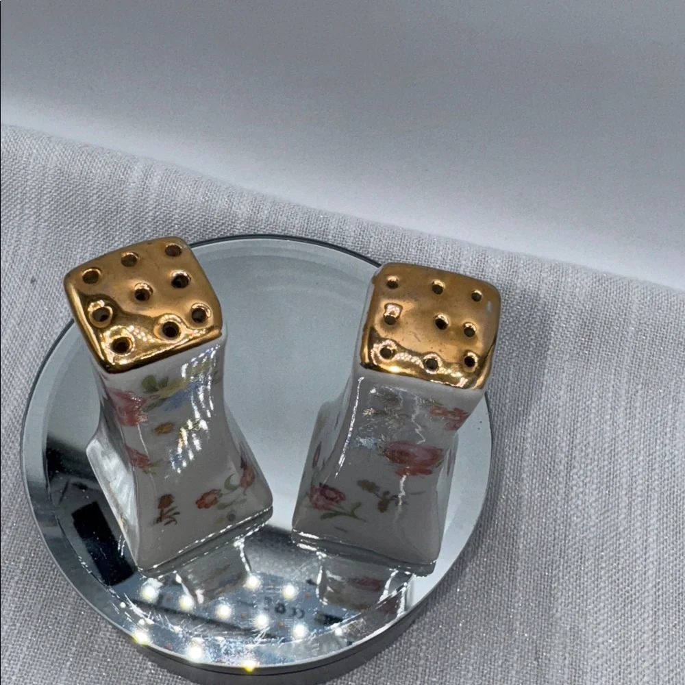 Salt and Pepper Shakers Vintage White And Floral Limoges Style Gold Tip.